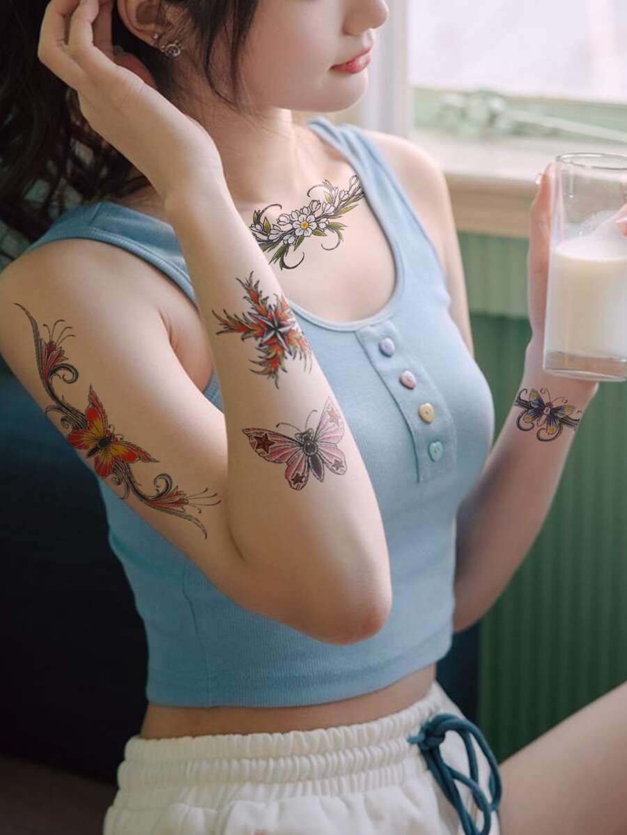 1張帶有花卉和蝴蝶圖案的臨時紋身貼紙,可貼在手臂,胸部,肩膀上 - 彩色 - 查看 1