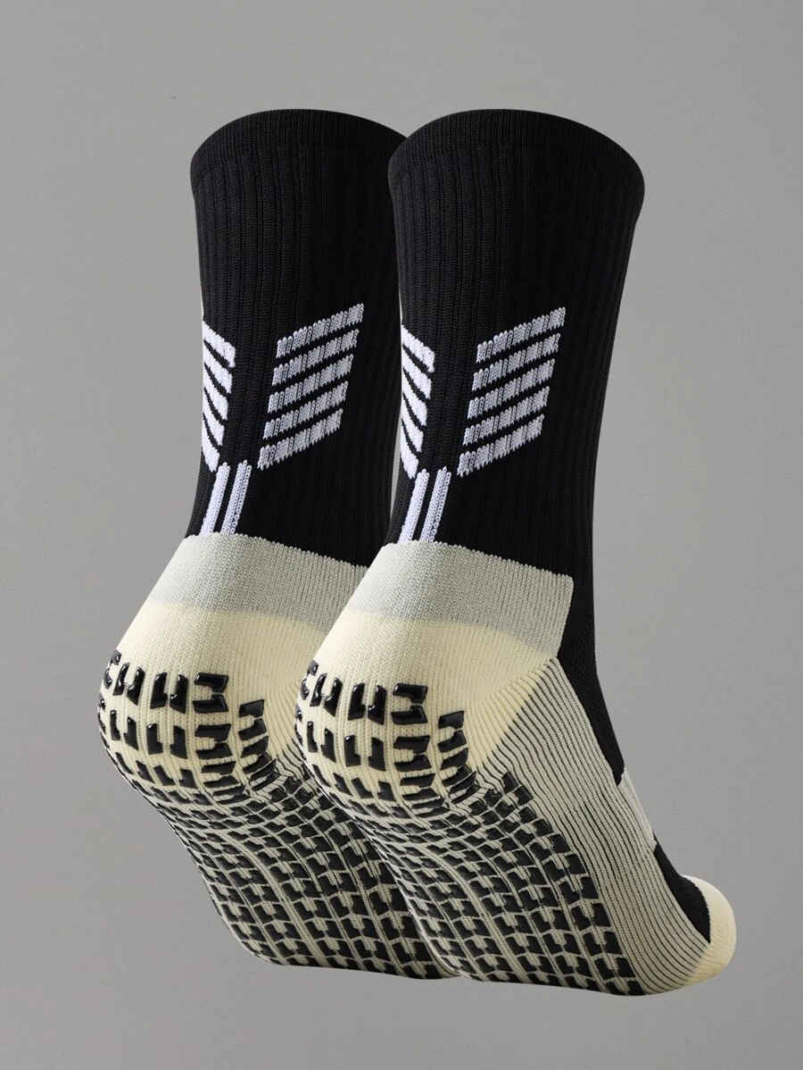 1pair Men's Football Socks With Non-Slip Grip & Thick Cushioning For Soccer & Basketball Sports, For Gym, Fall - Black - View 1