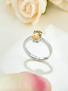 1 件 925 银简约、迷人、多面椭圆形切割天然黄水晶开口戒指，适合日常佩戴、约会、聚会等 - 黃色 - 查看 3