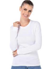 3 Pack Women's T-Shirt With Silhouette, Long Sleeves, Round Neck - Blue and White - View 4