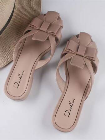 女款蝴蝶結細節PVC涼鞋，中空脖趾帽，時尚百搭厚底平底鞋，防滑半拖夏季室內外鞋