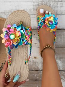 Women's Summer Fashionable Leisure Woven Flower Pattern Toe Post Sandals - Multicolor - View 3