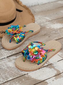 Women's Summer Fashionable Leisure Woven Flower Pattern Toe Post Sandals - Multicolor - View 5