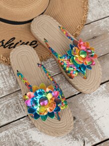 Women's Summer Fashionable Leisure Woven Flower Pattern Toe Post Sandals - Multicolor - View 4