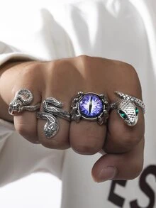 Set de hombres de moda piedra preciosa ojo serpiente - Plata antigua - Ver 2