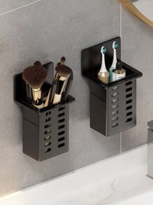 1pc White Bathroom Wall Mounted Storage Rack With Black Frame, Transparent Space-saving Organizer For Toothbrush, Toothpaste, Comb And Cosmetics