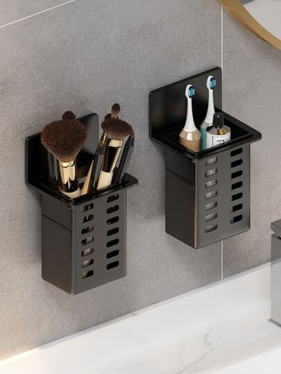 Estante de almacenamiento montado en la pared para baño, blanco, con marco negro, organizador transparente que ahorra espacio para cepillos de dientes, pasta de dientes, peine y cosméticos, 1 pieza