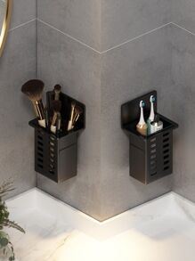 1pc White Bathroom Wall Mounted Storage Rack With Black Frame, Transparent Space-saving Organizer For Toothbrush, Toothpaste, Comb And Cosmetics