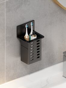 1pc White Bathroom Wall Mounted Storage Rack With Black Frame, Transparent Space-saving Organizer For Toothbrush, Toothpaste, Comb And Cosmetics