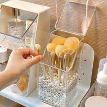 1 pieza Caja transparente de almacenamiento de brochas de maquillaje con tapa a prueba de polvo y agua, también adecuado para guardar artículos de papelería y máscaras, para fiestas, playas, baños, dormitorios, de gran capacidad