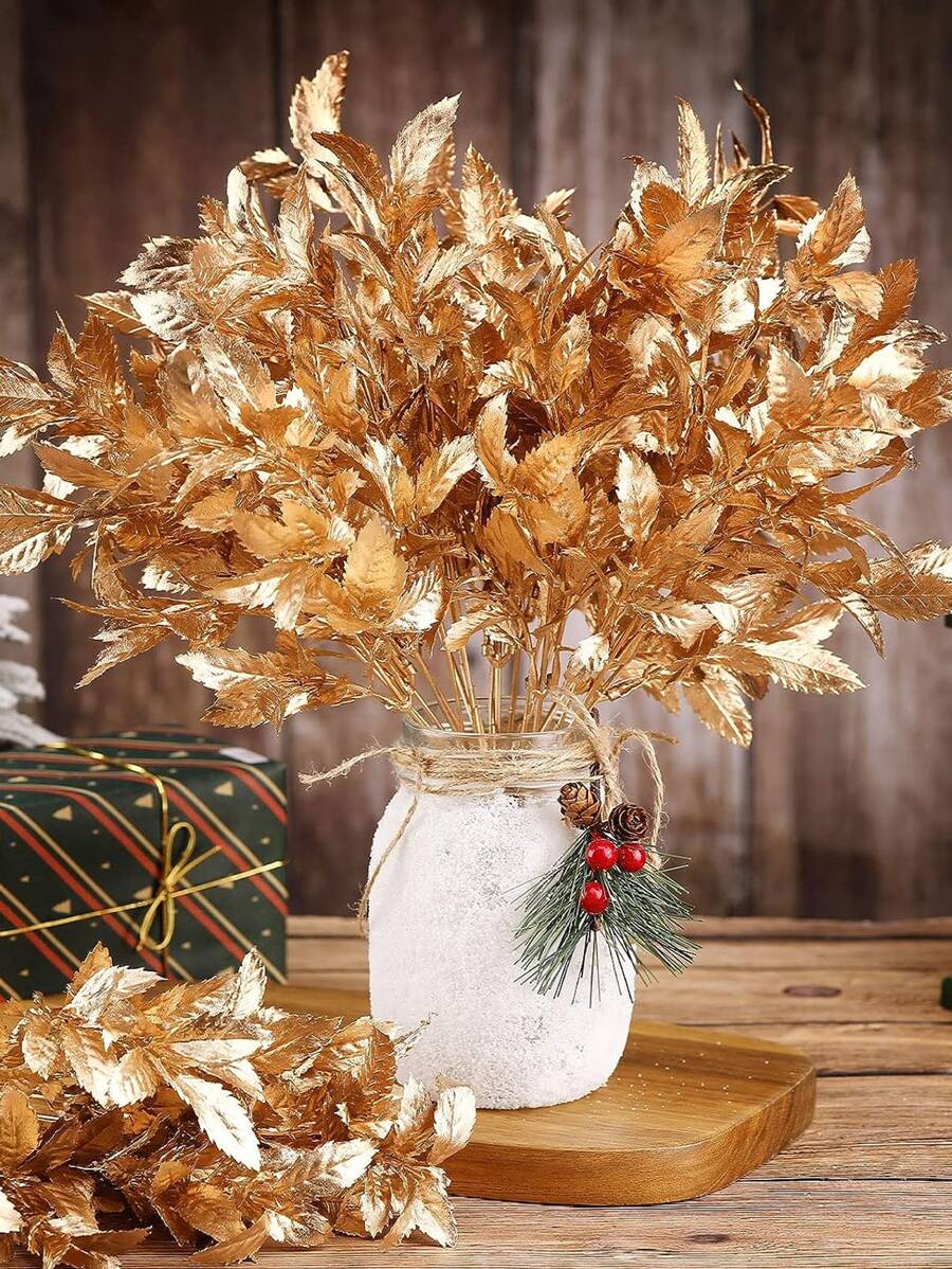 1個人工秋季金色葉子聖誕裝飾品,非常適用於裝飾花盆、花瓶、花園、婚禮和聖誕節裝飾 - 金色 - 查看 1