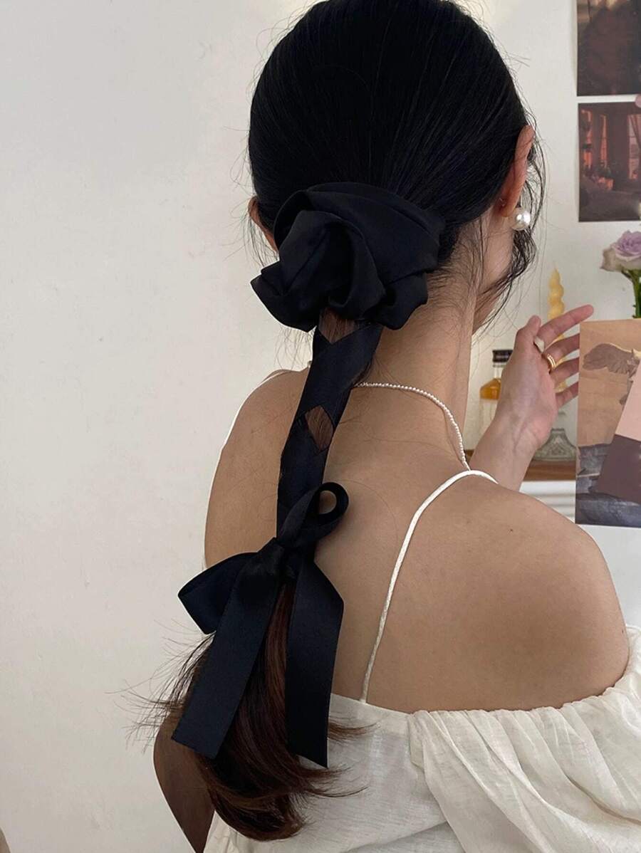 1pc Satin Pleated Hairband With Braid Design, Suitable For Daily Wear - Black - View 1