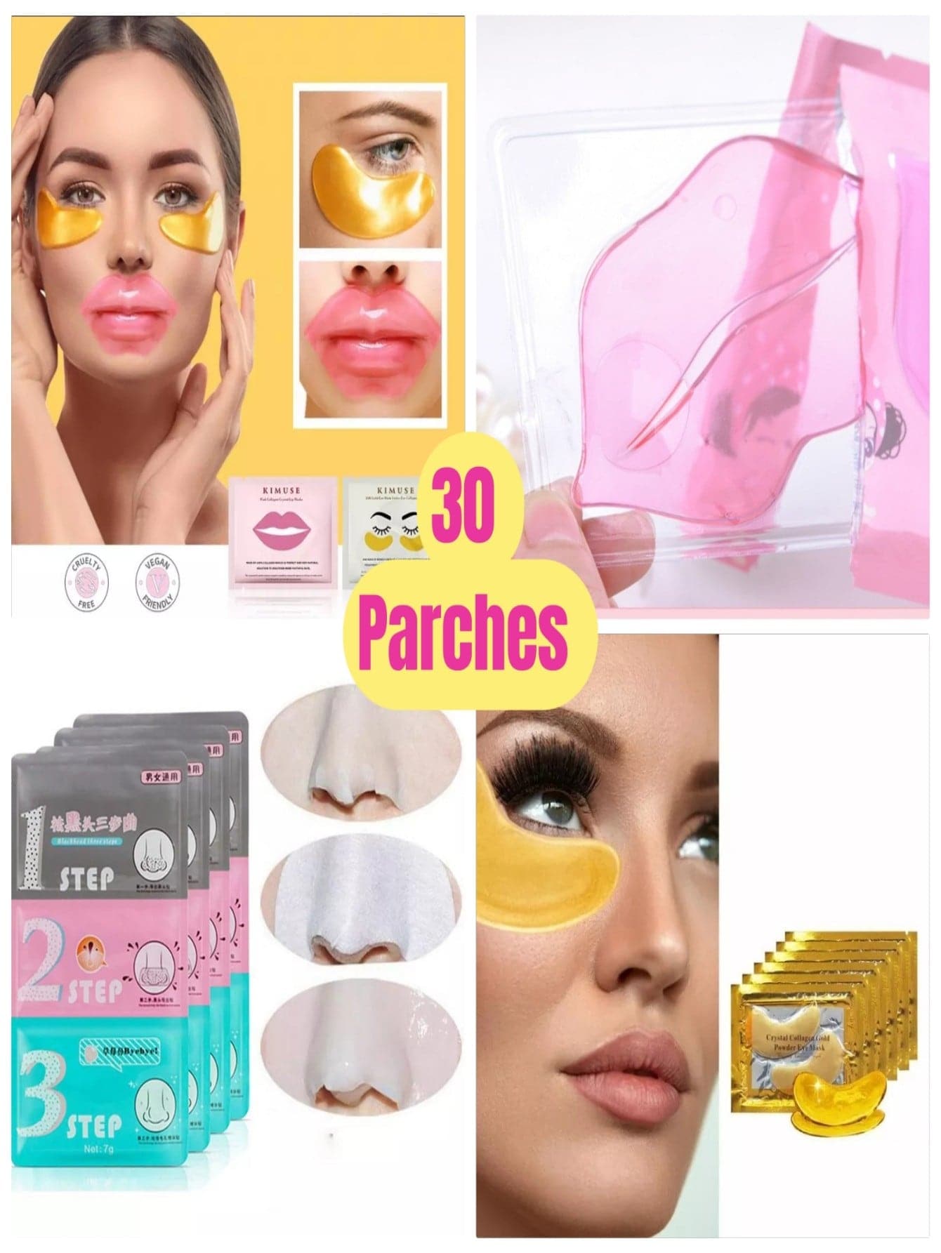 Kit Cuidado Facial 10 Sobres Mascarilla 3 Pasos Quita Espinillas Acne Faciales+ 10  Parches Colageno de Ojos Ojera+ 10 Parches Colgenos de Labios Labios Secos - Multicolor - Ver 1