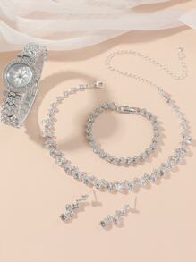 4pcs/Set Women's Quartz Watch With Silver Dial & One Flower Design Suitable For Daily Decoration, No Box Valentines - Silver - View 3