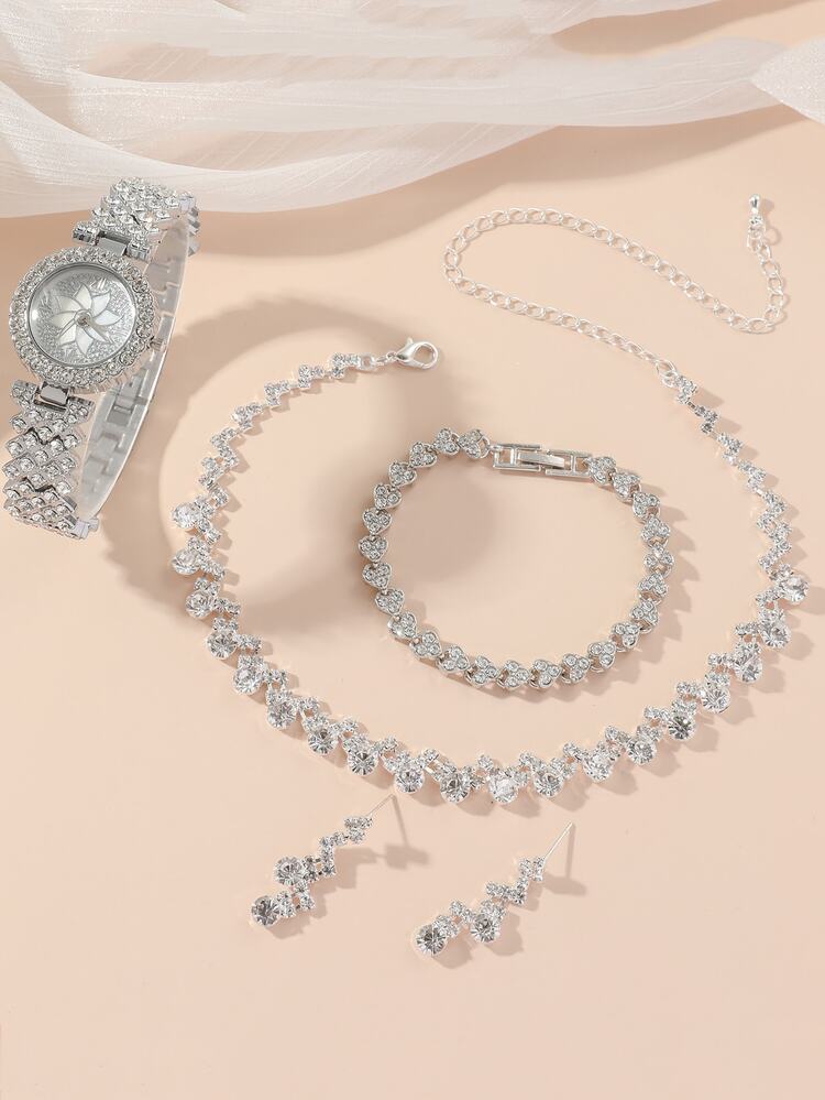 Set de 4 relojes de cuarzo para mujer con esfera plateada y diseño de una flor, adecuado para decoración diaria, sin caja, regalo de San Valentín - Plateado - Añade 3