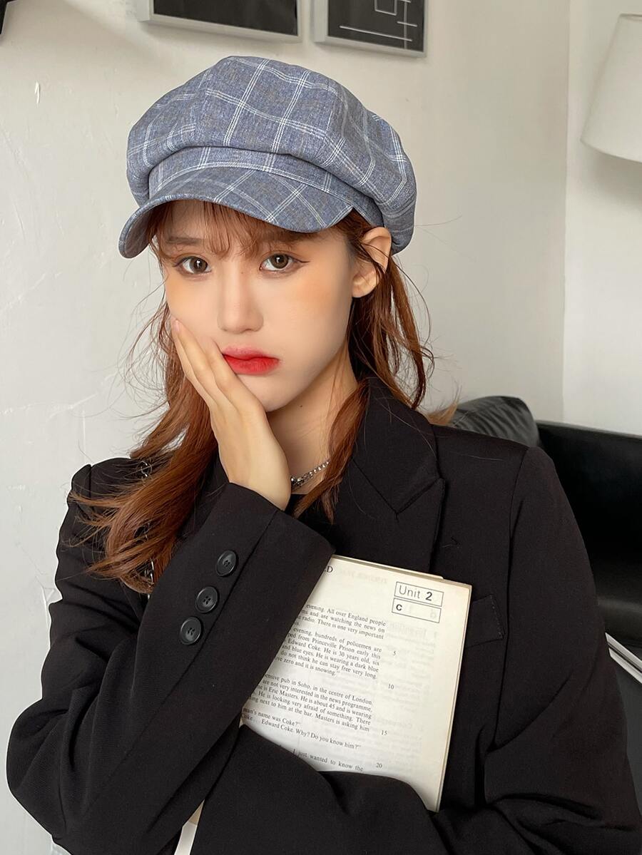 1頂女式貝雷帽，多功能時尚方格八角帽，大型頭帶棒球帽，垂直條紋畫家帽，別緻報童帽，適用於所有場合 - 霧霾藍 - 查看 1