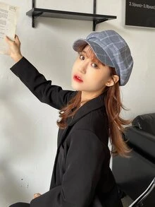 1頂女式貝雷帽，多功能時尚方格八角帽，大型頭帶棒球帽，垂直條紋畫家帽，別緻報童帽，適用於所有場合 - 霧霾藍 - 查看 5