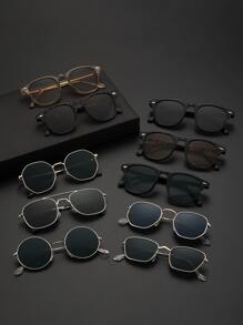 6pcs Men's Metal & Plastic Geometric Frame Fashionable Casual Street Style Glasses, Suitable For Holiday Gifts, Outdoor Vacation Accessories - Bộ ấm trà 6 món màu đen trắng trong suốt - Xem 1