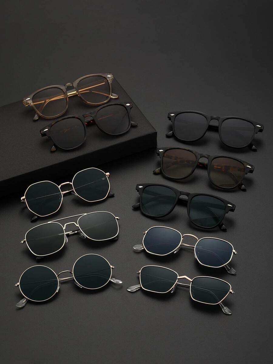 6pcs Men's Metal & Plastic Geometric Frame Fashionable Casual Street Style Glasses, Suitable For Holiday Gifts, Outdoor Vacation Accessories - Bộ ấm trà 6 món màu đen trắng trong suốt - Xem 1
