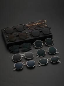 6pcs Men's Metal & Plastic Geometric Frame Fashionable Casual Street Style Glasses, Suitable For Holiday Gifts, Outdoor Vacation Accessories - Bộ ấm trà 6 món màu đen trắng trong suốt - Xem 3