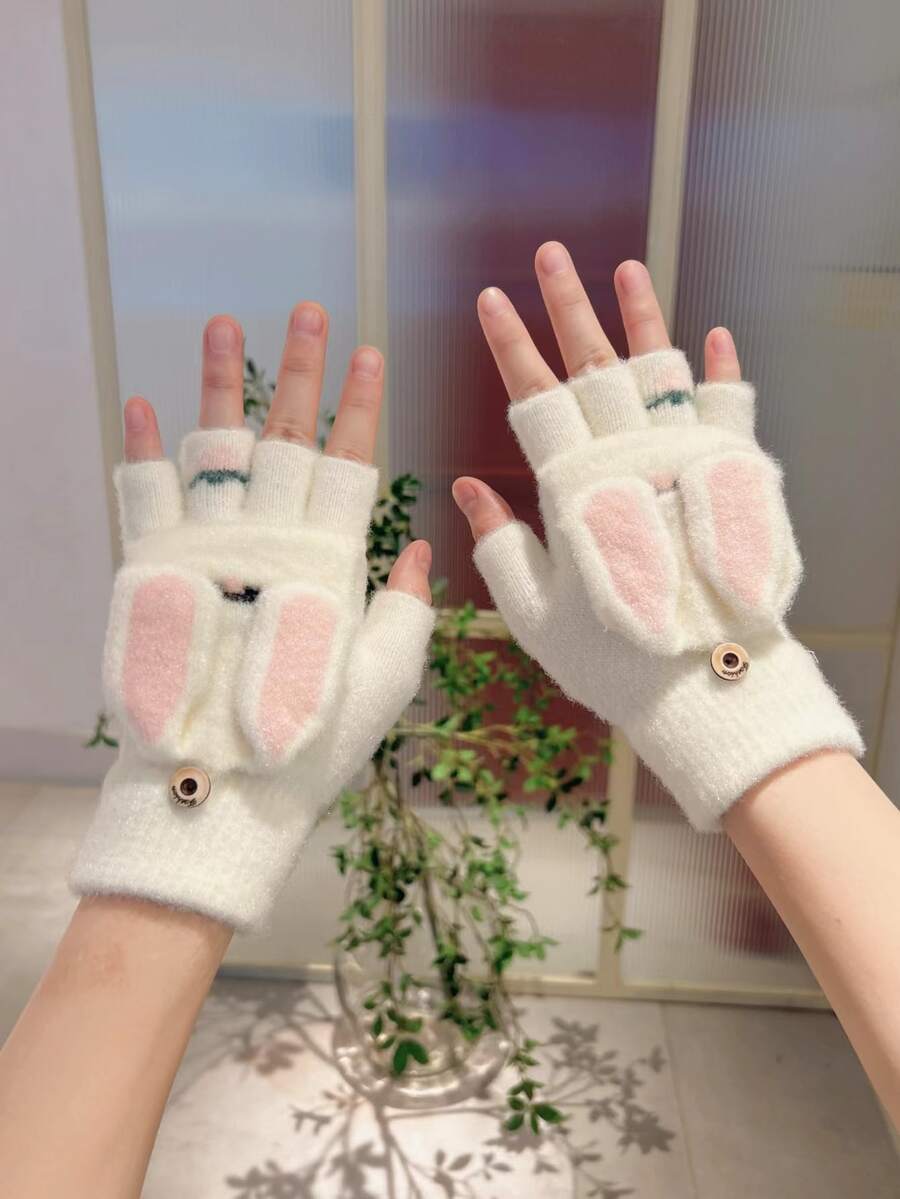 1 Par De Guantes Sin Dedos De Escritura Con Orejas De Conejo De Caricatura Para Mujer Para Mantener El Calor - Beis - Ver 1