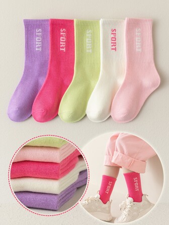 5 Pares/paquete Medias De Niña Hasta La Mitad De La Pantorrilla Con Tema De Color Rosa