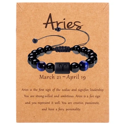 男士10mm藍虎眼石珠和黑色玻璃編織的十二星座手鍊,附卡片1個