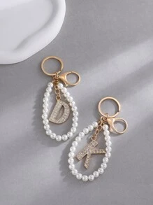 1 Pieza Llavero Con Letras De 26 Piezas Con Perlas Falsas Y Pedrería Engastada Para Hombre Y Mujer, Accesorio De Colgante Para Bolsos - Amarillo Oro - Ver 3