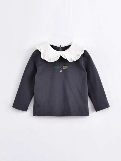 年轻女孩时尚可爱字母心形印花长袖T恤蕾丝彼得潘领春秋