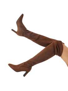 Women's Over The Knee Stretch Thigh High Boots Chunky High Heels Pointed Toe Long Fall Boots - màu nâu - Xem 5