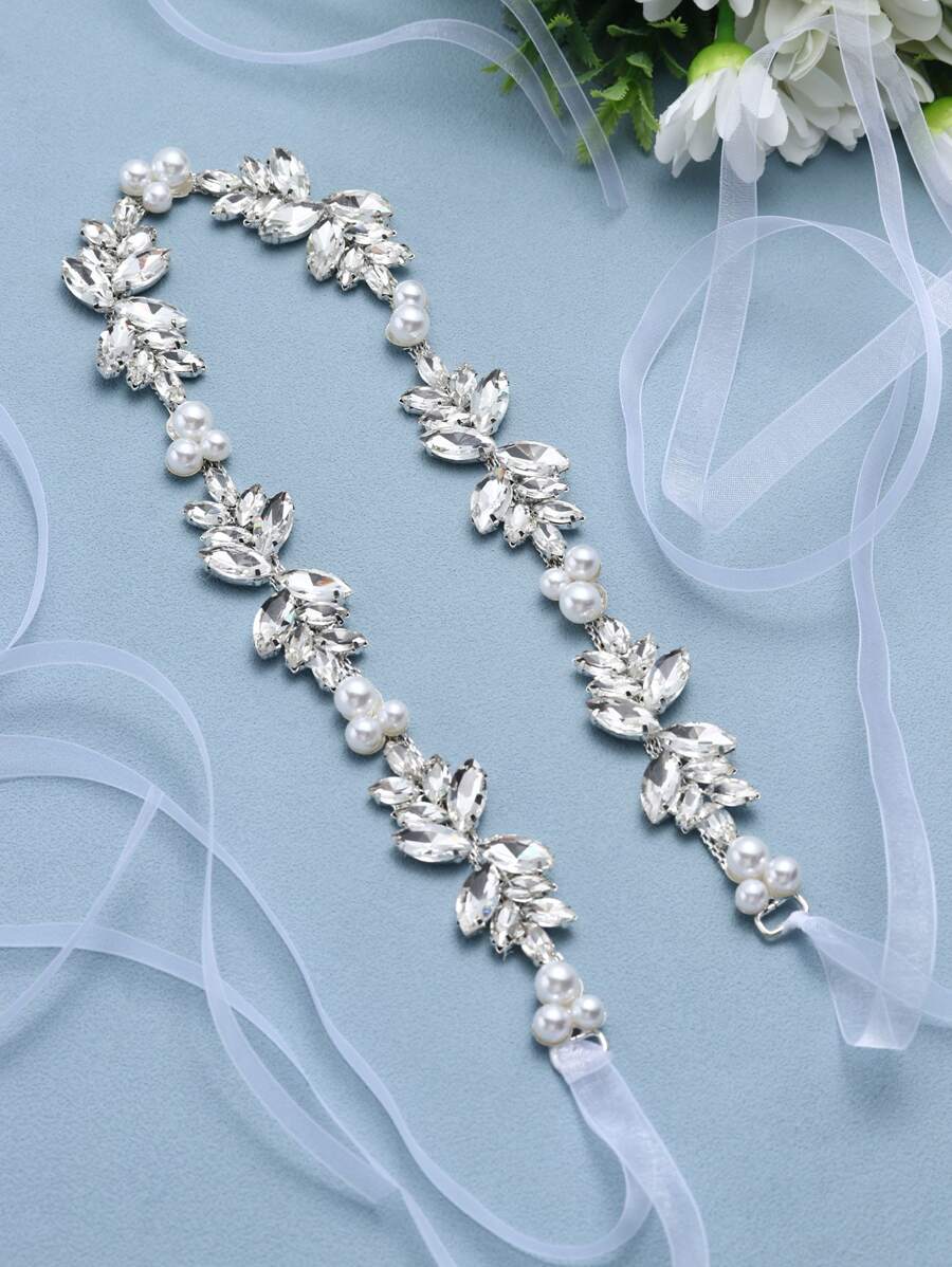 1件女款珍珠與水鑽裝飾婚紗腰帶，新娘腰鏈，適合婚禮活動，皇家風情人節配件 - 銀色 - 查看 1