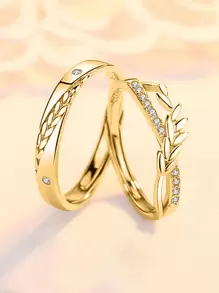 2入組創意可調節開口戒指,麥穗和鑽石裝飾 - 金黃色 - 查看 10