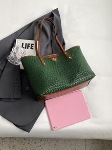 Bolso tote casual de gran capacidad y versátil, de estilo minimalista y de moda en PU, bolso de hombro para mujer, bolso tejido de estilo coreano 2025 para llevar debajo del brazo, informal y para ir al trabajo, bolsos llamativos para mujeres - Verde - Ver 3