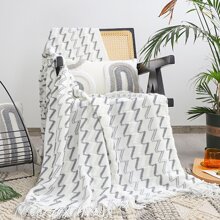 1pc Knitted Wave Stripe Blanket, Nordic Style Acrylic Hollow Out Rectangular Fringed Throw For Nap, Office, Sofa, Bed