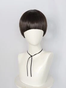 10英寸直黑色蘑菇頭短髮黑/暗棕色碗形剪影搞笑書呆子假髮,合成無粘合熱阻纖維高密度男性cosplay假髮,含助劑一個,適用於學校萬聖節聖誕節裝扮 - Dark Brown - 查看 3