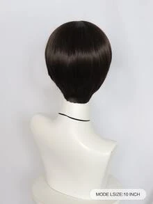 10英寸直黑色蘑菇頭短髮黑/暗棕色碗形剪影搞笑書呆子假髮,合成無粘合熱阻纖維高密度男性cosplay假髮,含助劑一個,適用於學校萬聖節聖誕節裝扮 - Dark Brown - 查看 2