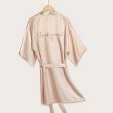 1pc Short Champagne Colored Satin Robe With Bridesmaid Embroidery, Elegant Design - Champagne - View 1