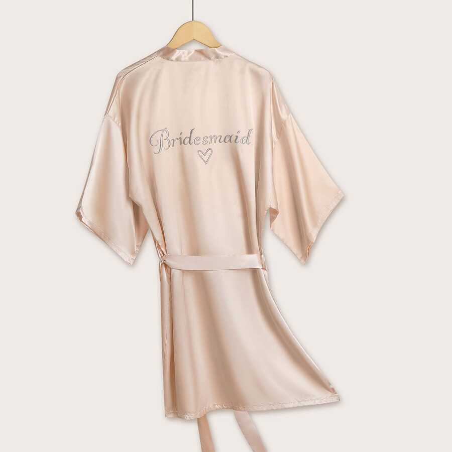 1pc Short Champagne Colored Satin Robe With Bridesmaid Embroidery, Elegant Design - Champagne - View 1