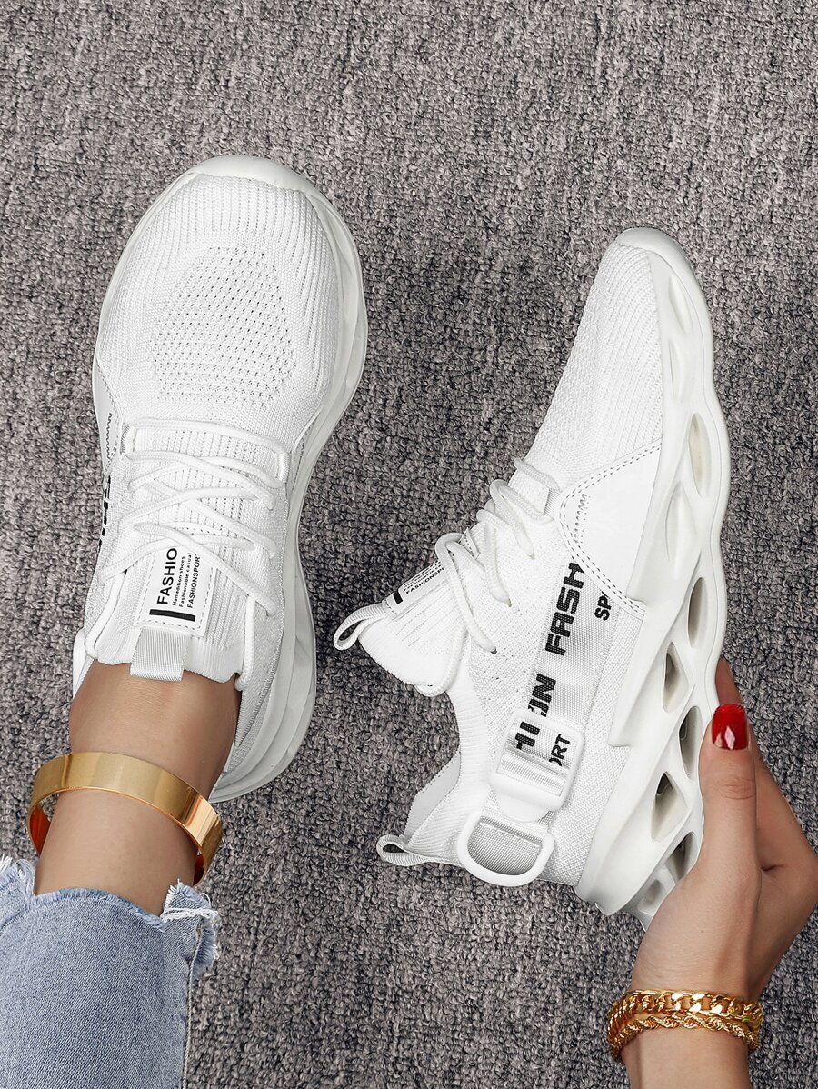 女士空心針織透氣運動休閒跑步鞋，適用於戶外活動 - 白色 - 查看 1