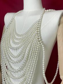 1pc Women Faux Pearl Decor Romantic Wedding Jacket For Wedding Fall Clothes For Women - White - View 4