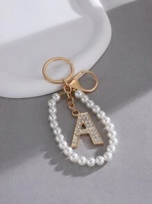 1 Pieza Llavero Con Letras De 26 Piezas Con Perlas Falsas Y Pedrería Engastada Para Hombre Y Mujer, Accesorio De Colgante Para Bolsos - Amarillo Oro - Ver 2