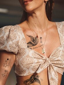 1 Pegatina Temporal De Tatuaje De Moda Con Estampado Geométrico De Pájaro De Múltiples Elementos Para Brazo, Pecho Y Hombro - Negro - Ver 4