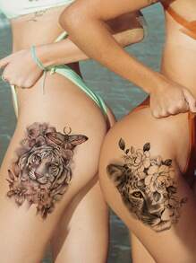 2 piezas de tatuajes temporales con patrones de tigre, león, leopardo y flor - Multicolor - Ver 1