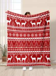 1pc Christmas Tree & Deer Design Blanket, Geometric Hand-drawn Soft Warm Fabric Printing Suitable For Home Decoration Living Room Bedroom Sofa Bed Use Blanket, Christmas - Burgundy - View 1