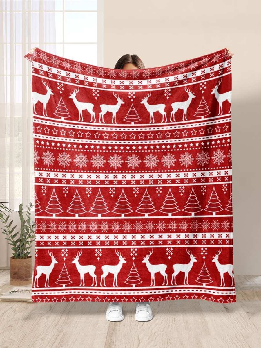 1pc Christmas Tree & Deer Design Blanket, Geometric Hand-drawn Soft Warm Fabric Printing Suitable For Home Decoration Living Room Bedroom Sofa Bed Use Blanket, Christmas - Burgundy - View 1