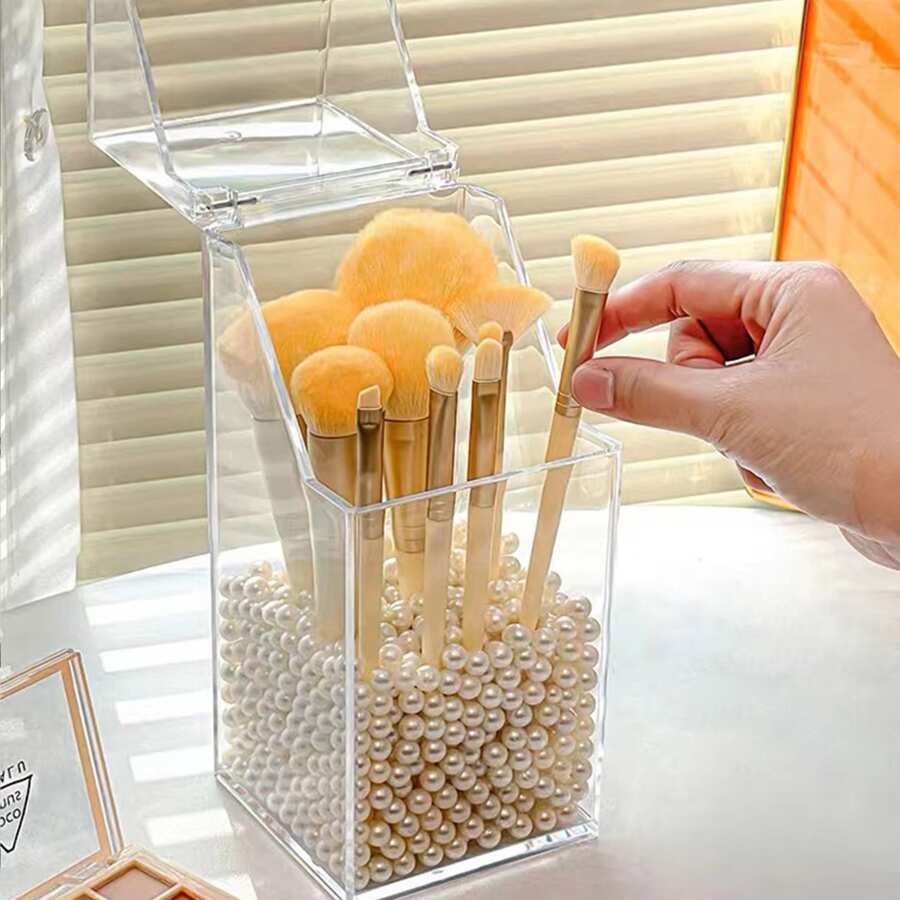 1 pieza Caja transparente de almacenamiento de brochas de maquillaje con tapa a prueba de polvo y agua, también adecuado para guardar artículos de papelería y máscaras, para fiestas, playas, baños, dormitorios, de gran capacidad