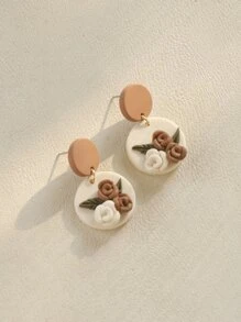 1 对小圆形 3d 棕色花朵手工聚合物粘土吊坠耳环，非常适合女性日常佩戴情人节、妈妈、母亲、母亲节、礼物 - 米色 - 查看 3
