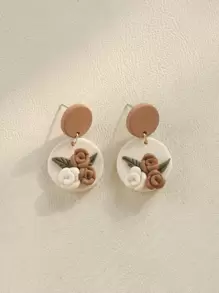1 对小圆形 3d 棕色花朵手工聚合物粘土吊坠耳环，非常适合女性日常佩戴情人节、妈妈、母亲、母亲节、礼物 - 米色 - 查看 1