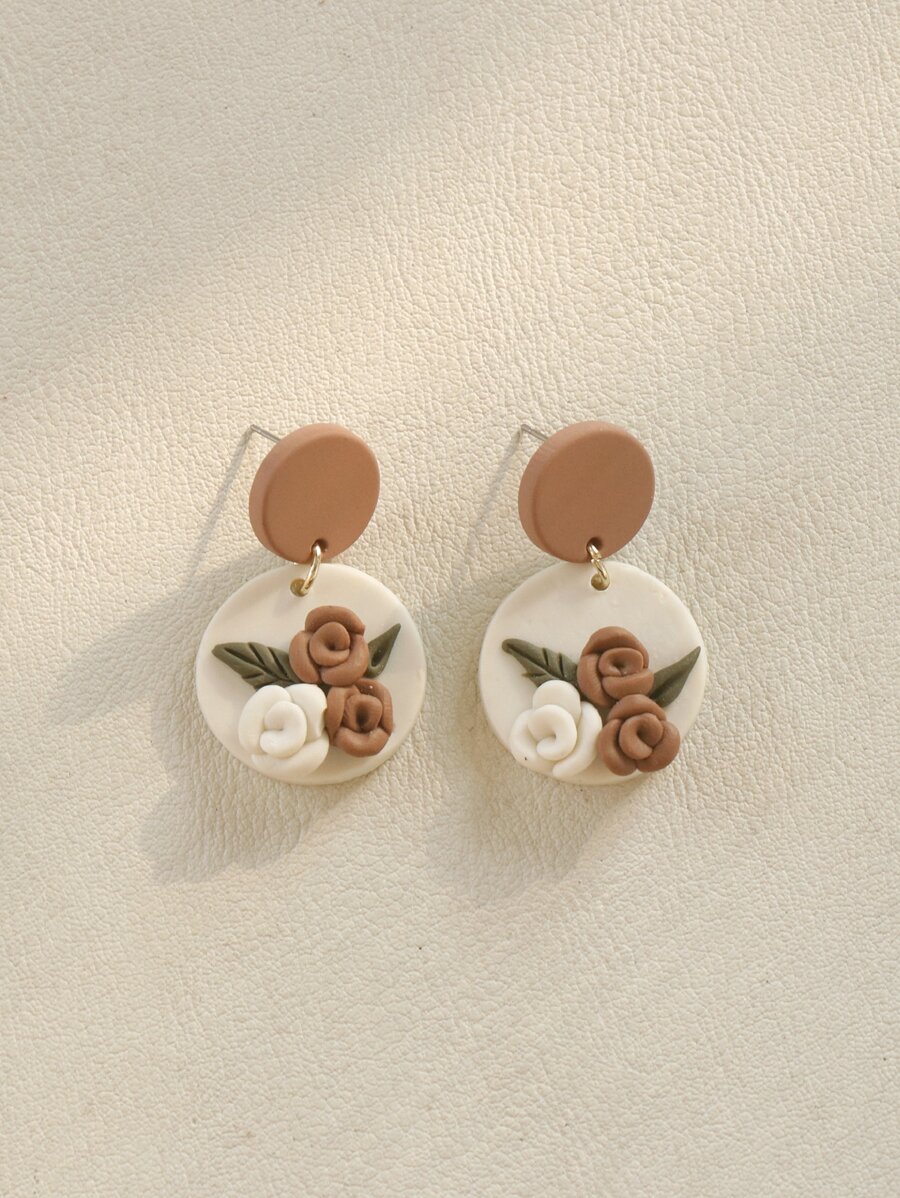 1 对小圆形 3d 棕色花朵手工聚合物粘土吊坠耳环，非常适合女性日常佩戴情人节、妈妈、母亲、母亲节、礼物 - 米色 - 查看 1