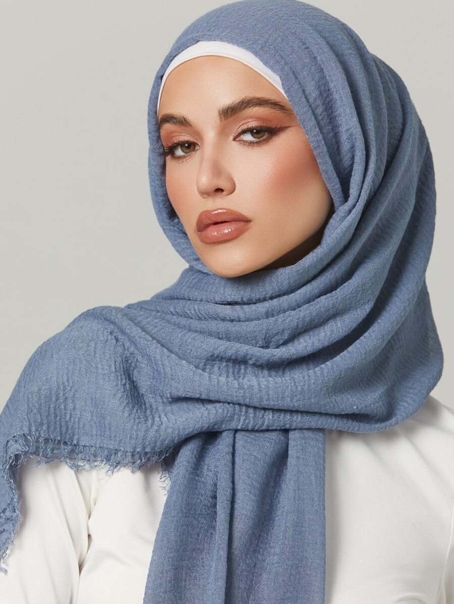 1pc Plain Color Pleated Chiffon Women Basic Classic Solid Headscarf Hijab For Abaya Veiled Clothes - Dusty Blue - View 1